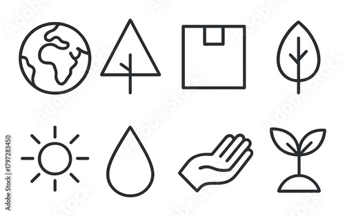 Eco-friendly icons: earth, tree, box, leaf, sun, water, hand, seedling