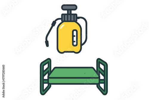 Yellow pressure sprayer bottle above a green mattress on a simple bed frame for pest treatment