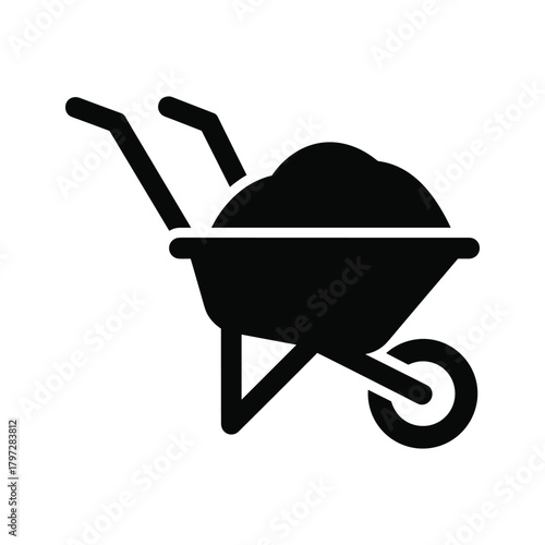 Black silhouette of a wheelbarrow filled with dirt on a white background soil