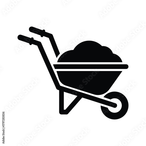 Black silhouette of a wheelbarrow filled with dirt on a white background soil load