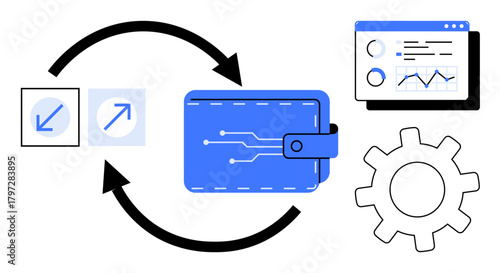 Digital wallet connected by circular arrows to dashboard charts, process flow icons, and a gear. Ideal for finance, technology, business, innovation, data, optimization simple flat metaphor