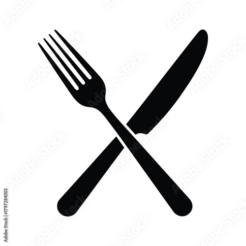Black silhouette of crossed fork and knife on white background cutlery eating food