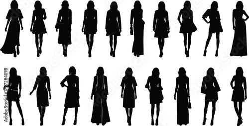 Women fashion silhouette vector set, stylish female poses, dress design collection, black outfit shapes, modern apparel concept, editable clipart bundle