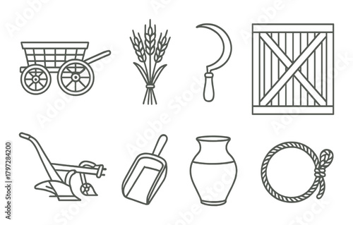 Vintage farming tools and equipment icons on grunge background