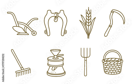 Vintage farming tools: plow, brake caliper, wheat, sickle, rake, mill, fork, basket icons