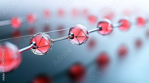 A close-up view of a chain of red, spherical structures connected by a metallic rod, with geometric cages around some spheres.