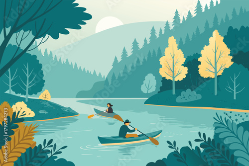 Serene kayaking adventure, people paddle calm river, lush green fores, tranquil nature, sunlit.