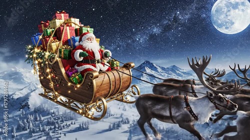 Santa's magical sleigh ride through a starlit winter sky, delivering joy and gifts on Christmas Eve over snowy mountains.