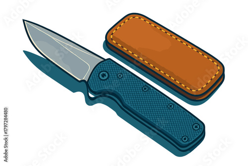 Open folding pocket knife with blue textured handle and shiny metal blade next to a brown leather case