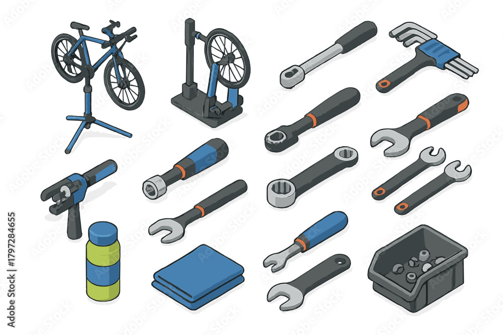 Fototapeta premium Professional bicycle repair tools and workshop equipment set in detailed isometric view