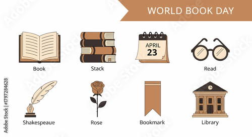 Eight icons related to literature and reading including books a rose and a library