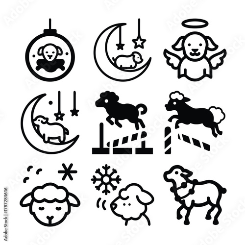 Cute sheep icon set for sleep and dreams