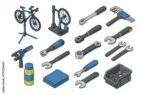 Professional bicycle repair tools and workshop equipment set in detailed isometric view