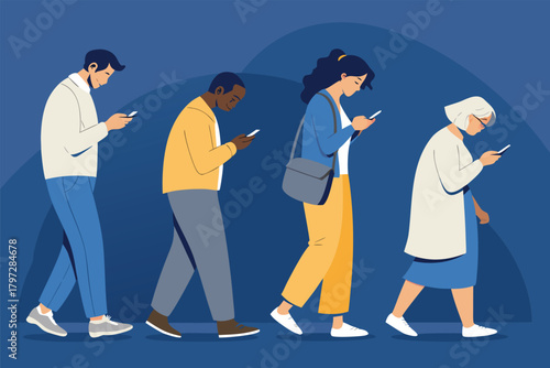 Humans patiently queue, charging devices, oblivious to environmental concerns, depicting digital addiction's impact on eco-awareness.