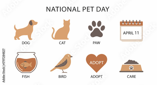 Graphic icons for National Pet Day April 11 featuring pet types and care symbols