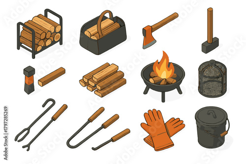 Essential tools and equipment for campfire and firewood preparation in isometric view