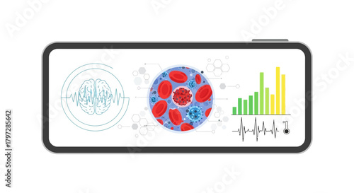 Medical data displayed on a phone screen, illustrating brain activity, blood analysis, and vital signs, ideal for healthcare technology and medical research visuals