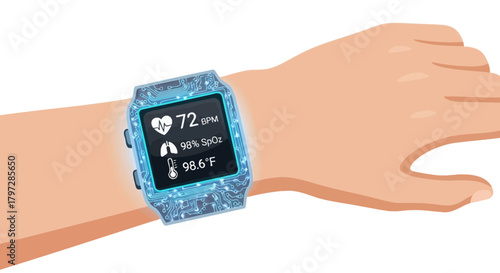 Stay connected and monitor your health with a modern smartwatch, featuring heart rate, oxygen levels, and temperature tracking on a wrist