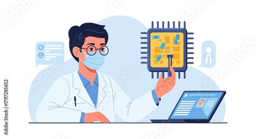 Medical researcher analyzing microchip data on laptop, wearing protective mask in lab setting, innovative medical technology for healthcare solutions