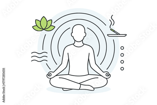 Stylized figure meditating in lotus position with symbols of spiritual balance and inner peace