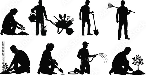 Silhouettes of people gardening, planting, and watering