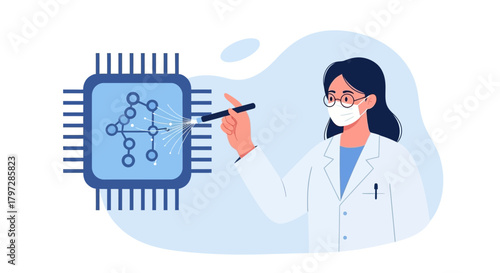 Scientist innovates future tech, developing neural networks with precision, revolutionizing technology with cutting-edge microchip design and medical advancement