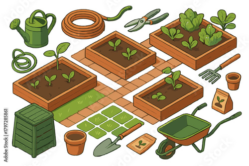 Isometric arrangement of essential gardening tools, planting supplies, and raised vegetable beds