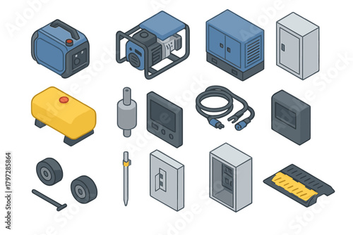 Isometric power generators, electrical control panels, fuel tanks, cables, and construction accessories