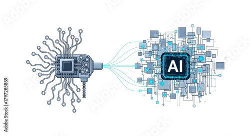 Artificial intelligence connects to a complex digital network, highlighting the future of technology and machine learning, perfect for modern tech projects