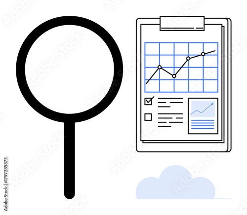 Magnifying glass next to a clipboard featuring a graph, checklist, and data visualization. Ideal for analytics, research, planning, growth tracking, business insights auditing productivity. Simple