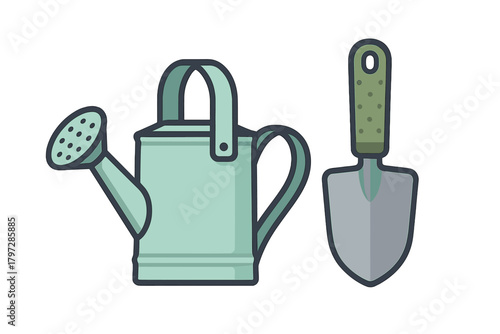 Mint green watering can and hand shovel set for planting and cultivating garden tools