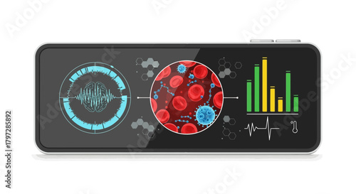Cutting-Edge Smartphone Displaying Brain Scan, Blood Cells and Vital Signs Analysis for Medical Innovation and Health Technology Solutions
