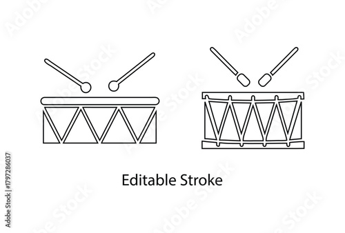 drum and drumsticks vector editable stroke icon set, musical instrument drum vector line art illustration