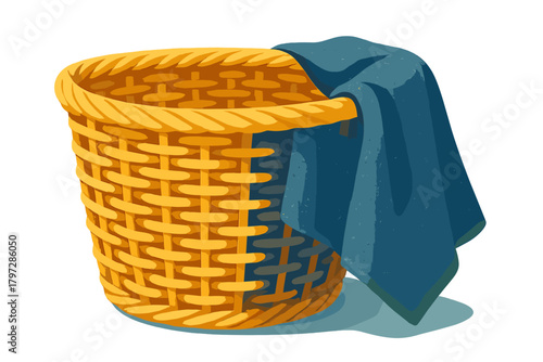 Traditional woven wicker laundry basket with dark blue cloth draped over the rim