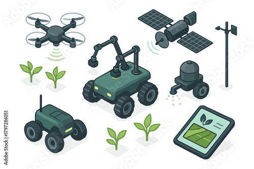 Smart farming technology featuring drone, autonomous robots, satellite, and monitoring
