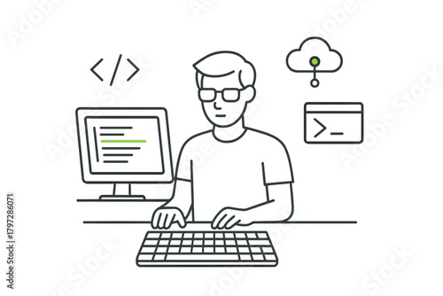 Software developer writing code on a desktop computer with cloud computing icons