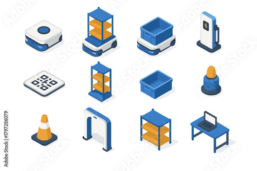 Isometric elements depicting automated warehouse logistics and smart factory equipment