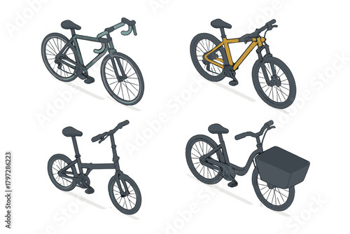 Isometric view collection of diverse bicycles for urban commuting, sport, and delivery
