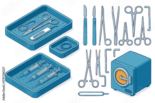 Surgical instruments, medical tools, syringes, and sterilization equipment in isometric view
