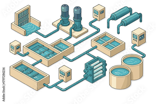 Isometric schematic of industrial water purification system showing filtration, pumping, and storage