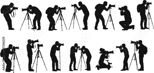 photographer, camera, tripod, silhouette, shooting, pose, lens, equipment, action, standing, crouching, kneeling, sitting, backpack, professional