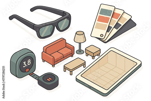 Isometric collection of furniture, measuring tools, color swatches, and digital devices used for interior design