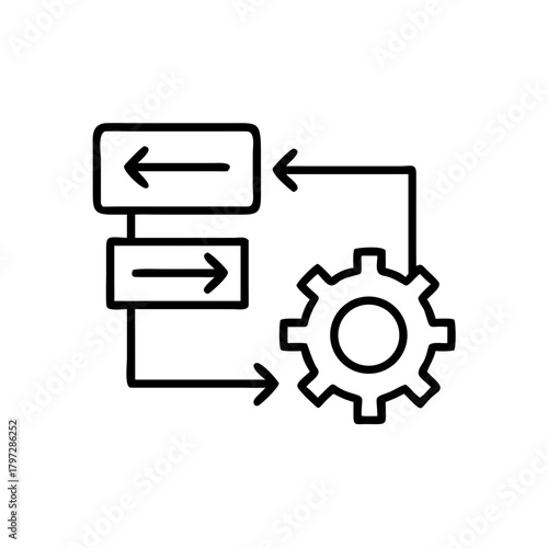 Workflow diagram with arrows and gear symbolizing business automation  
