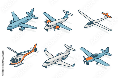 Isometric aviation transport set featuring jets, propeller planes, and helicopter aircraft