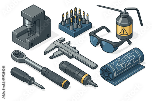 Assortment of mechanical engineering tools and equipment featuring drill bits, wrench, caliper, and blueprint