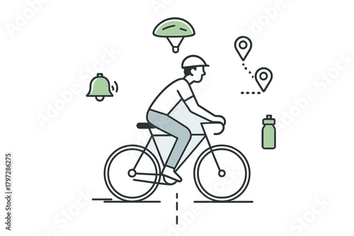 Minimalist design of a cyclist wearing a helmet surrounded by navigation and safety icons