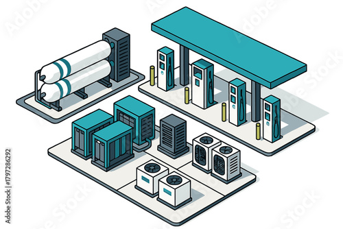 Modern energy infrastructure complex showing fueling dispensers, large storage tanks, and utility equipment