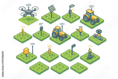 Set of isometric icons showing smart farming technology devices and agricultural equipment