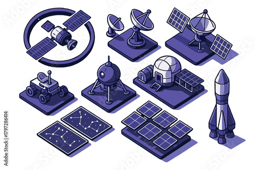 Isometric icons set of space exploration technology including satellite rocket and lunar base