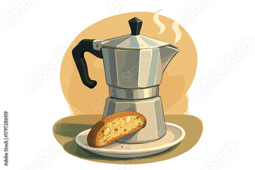 Traditional Italian Moka pot coffee maker steaming next to biscotti on a saucer